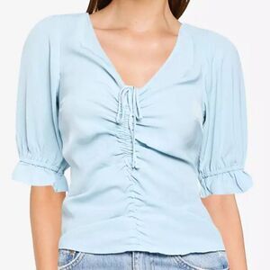 Abercrombie Cinch Front Puff Sleeve Cropped Top Light Blue Size Small Peasant